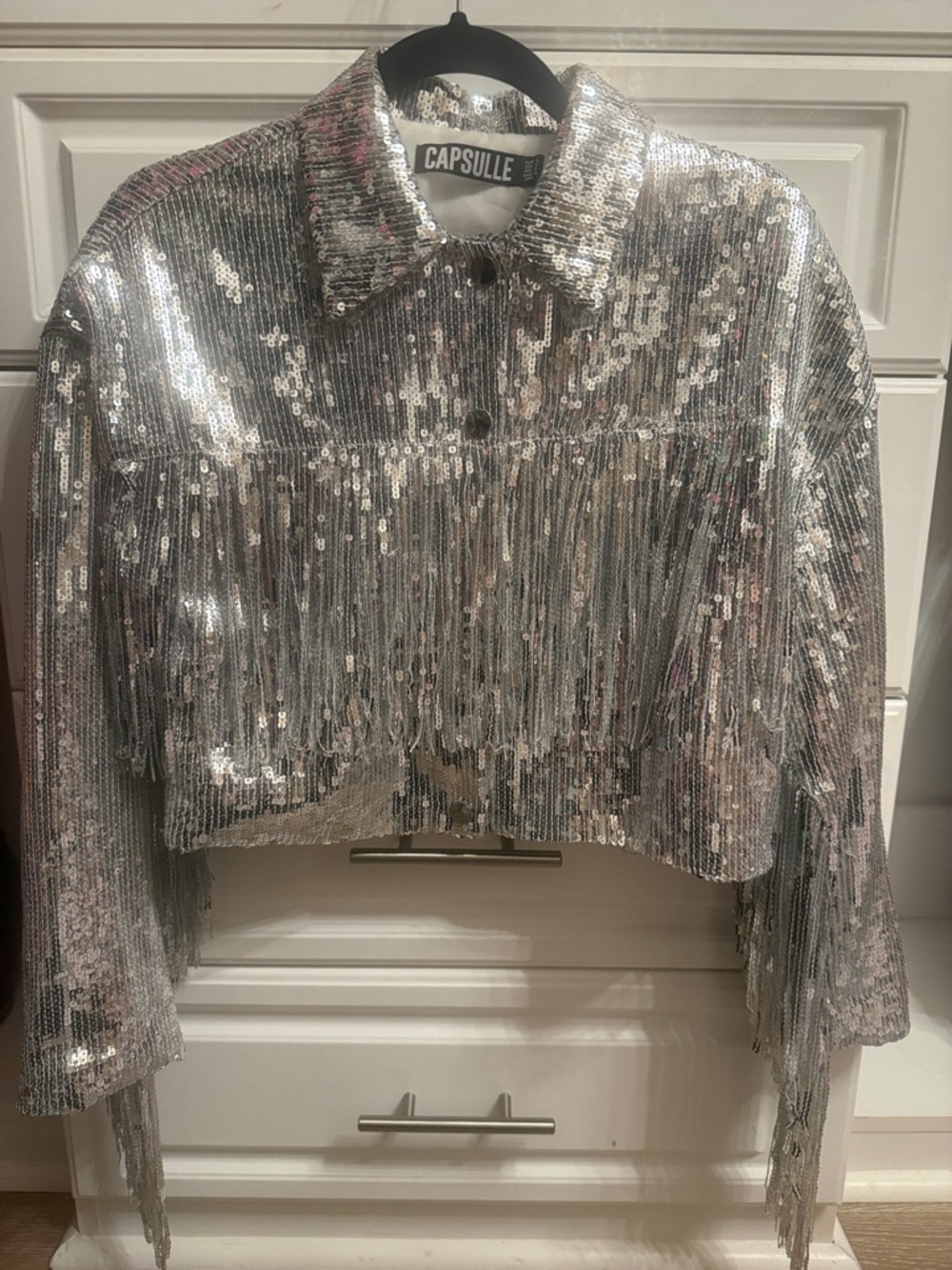 Capsule Silver Sequin Fringe Cropped Jacket